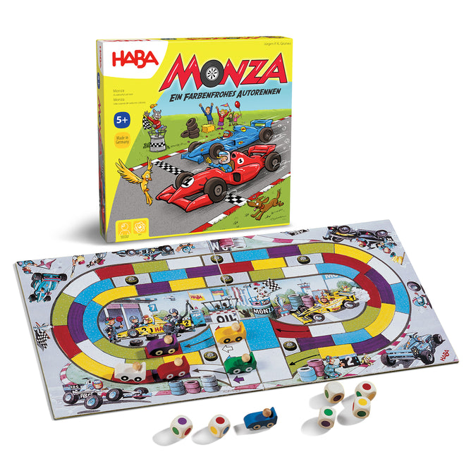 The image shows the HABA Monza Educational Race Car Board Game (5+ Years) with a colorful racetrack, wooden cars, six color dice, and the box featuring cartoon race cars and drivers.
