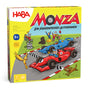 The Monza Educational Race Car Board Game by HABA features two colorful wooden cars racing to the finish line, cheerful animals, and lively race-themed art on a bright yellow box. A fun board game for kids ages 5 and up.