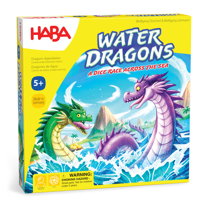 The yellow box for HABAs Water Dragons - Kids Board Game, 5+ Years shows two vibrant dragons racing through waves; this eco-friendly game includes wooden dragon tokens and is perfect for ages 5 and up.