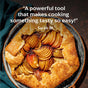 A rustic apple galette on a dark plate sits beside a green cloth. Overlaid text reads: Diaspora Spice Co.’s Garam Masala is a powerful tool that makes it so easy to cook something tasty—even when adding South Asian spices! - Sarah M.
