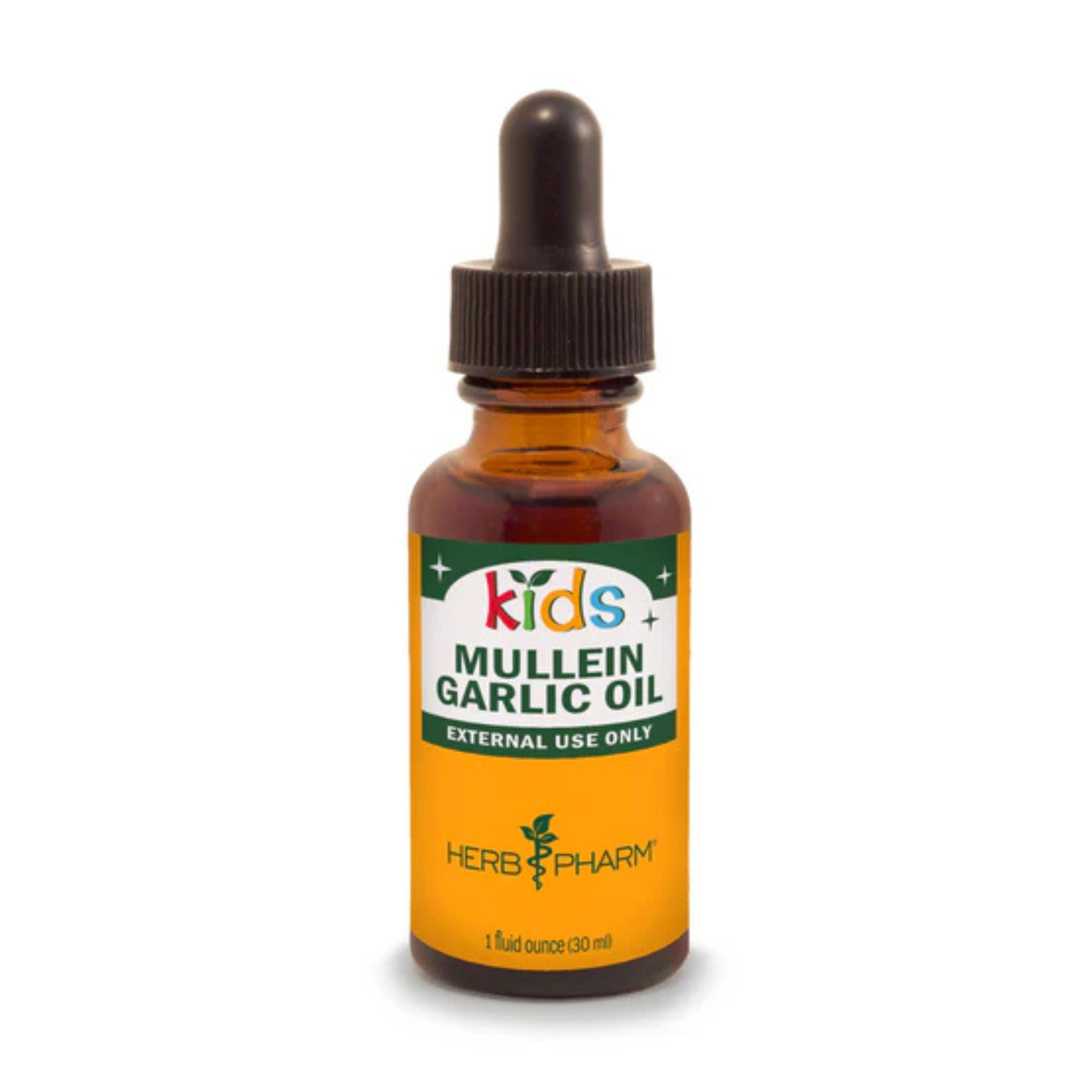 A brown glass bottle with a dropper lid labeled Kids Mullein Garlic Oil, External Use Only, Herb Pharm, 1 fluid ounce (30 mL).