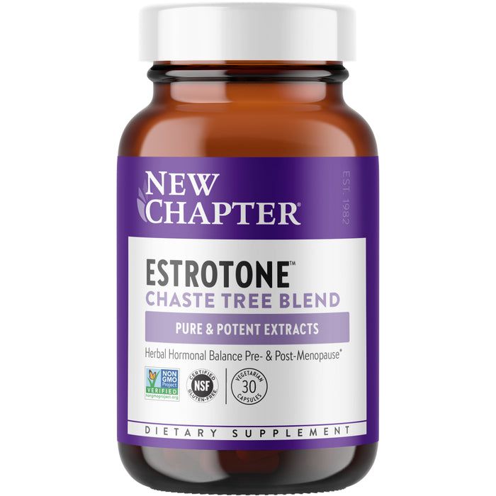 A brown bottle with a purple and white label reading New Chapter Estrotone Chaste Tree Blend, Pure & Potent Extracts, Herbal Hormonal Balance Pre- & Post-Menopause, 30 capsules, Dietary Supplement.