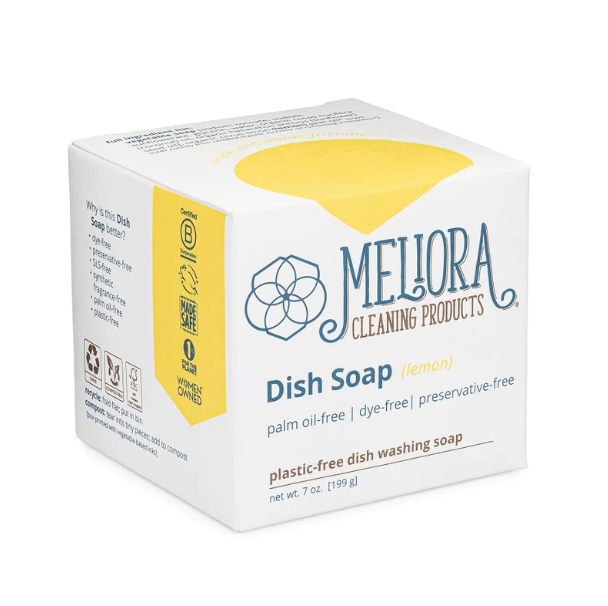 A white box of Meliora Cleaning Products Dish Soap (lemon) displays eco-friendly labels and notes it is plastic-free, palm oil-free, dye-free, and preservative-free. The box weighs 7 oz (199 g).