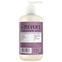 A plastic pump bottle of Mrs. Meyer's Hand Soap in Lavender scent, featuring a purple label with product and ingredient details, garden-inspired fragrance with essential oils, and white text on a white background.