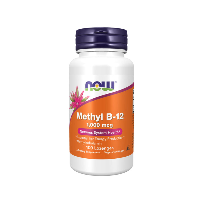 A white bottle of NOW brand Methyl B-12, 1,000 mcg, featuring an orange and purple label with text highlighting benefits for nervous system health and energy, containing 100 vegetarian lozenges.