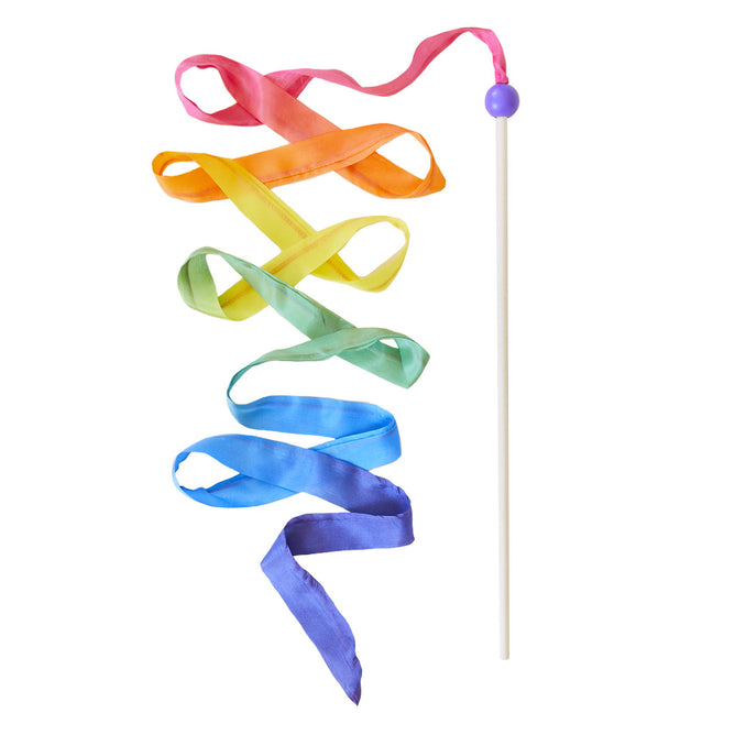 Sarahs Silks Rainbow Streamer features a vibrant silk ribbon in a gradient of red, orange, yellow, green, blue, and purple on a wooden stick with a purple bead for imaginative play.