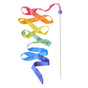 Sarahs Silks Rainbow Streamer features a vibrant silk ribbon in a gradient of red, orange, yellow, green, blue, and purple on a wooden stick with a purple bead for imaginative play.