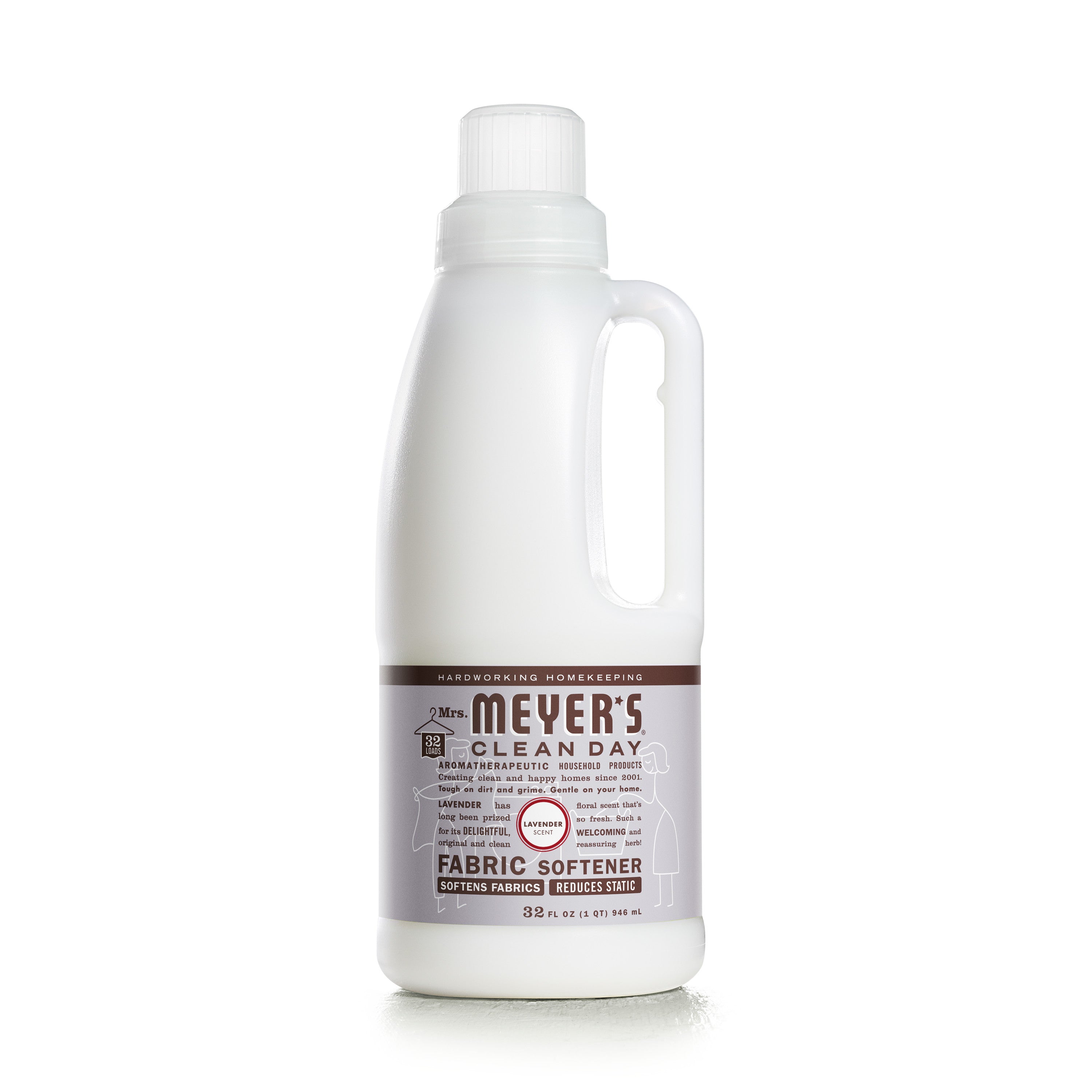 A white 32 fl oz Mrs. Meyers Fabric Softener bottle, featuring a side handle and brown label with white text, showcases its essential oil blend for softening fabrics and reducing static.