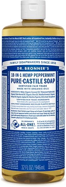 A 32 fl oz bottle of Dr. Bronners Pure-Castile Liquid Soap in peppermint has a blue and white label highlighting its multipurpose uses and ingredients. This vegan soap is certified fair trade, crafted with organic oils.