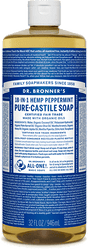 A 32 fl oz bottle of Dr. Bronners Pure-Castile Liquid Soap in peppermint has a blue and white label highlighting its multipurpose uses and ingredients. This vegan soap is certified fair trade, crafted with organic oils.
