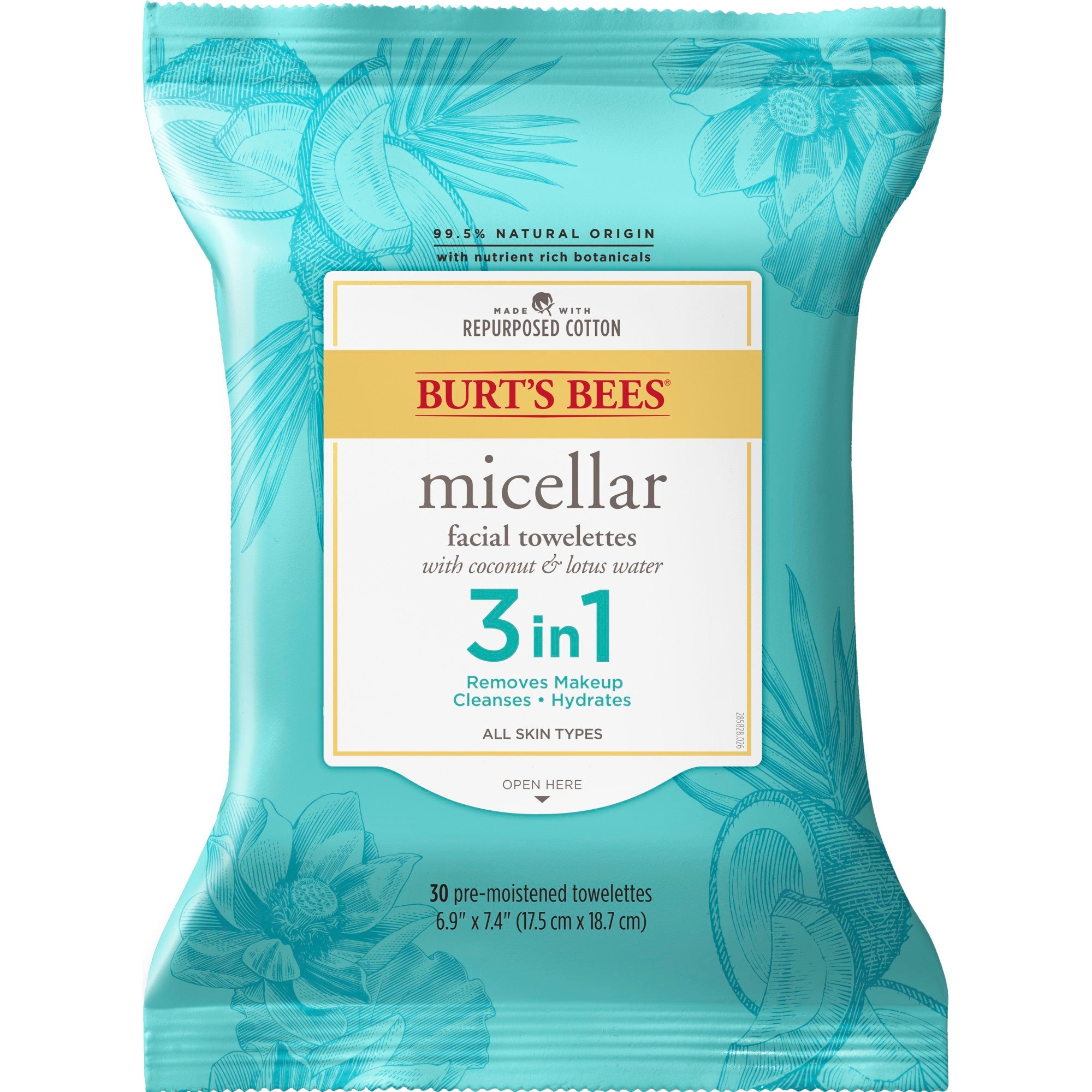 A teal package of Burts Bees Micellar Facial Towelettes featuring coconut and lotus water. The label highlights “3 in 1: Removes Makeup, Cleanses + Hydrates” and contains 30 pre-moistened towelettes.