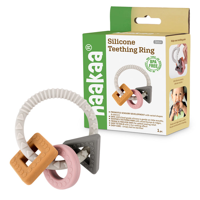 A silicone teething ring with geometric shapes is shown next to its green and white box, which features product information and a photo of a baby using the teething ring.