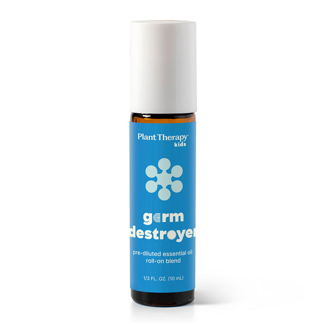 The Plant Therapy Germ Destroyer Roll-On – Essential Oil Blend comes in a 10 ml blue bottle with a playful figure and white text on the label. This diluted roll-on is specially formulated for kids to support their immune system.