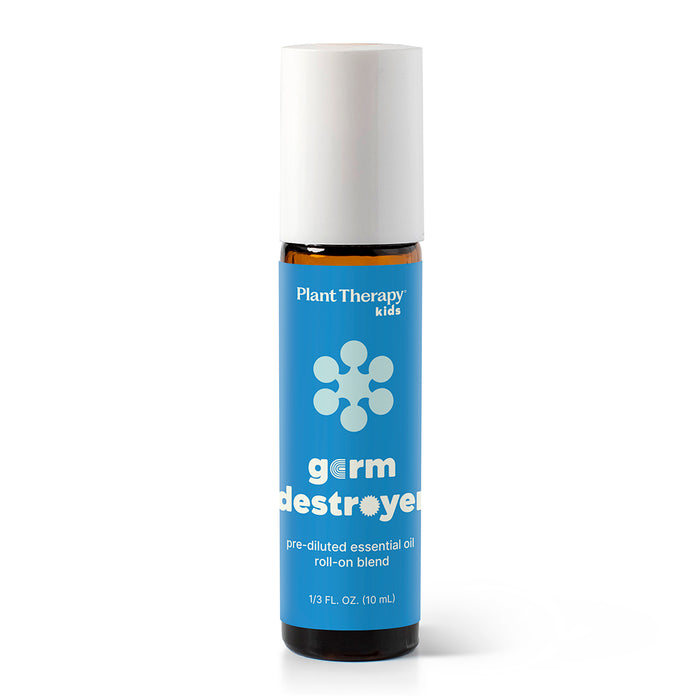 The Plant Therapy Germ Destroyer Roll-On – Essential Oil Blend comes in a 10 ml blue bottle with a playful figure and white text on the label. This diluted roll-on is specially formulated for kids to support their immune system.