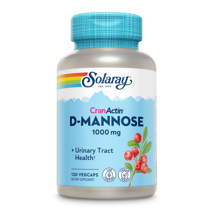 A bottle of Solaray CranActin D-Mannose 1000 mg dietary supplement with a blue cap, featuring a cranberry illustration and labeled for urinary tract health, containing 120 vegetarian capsules.