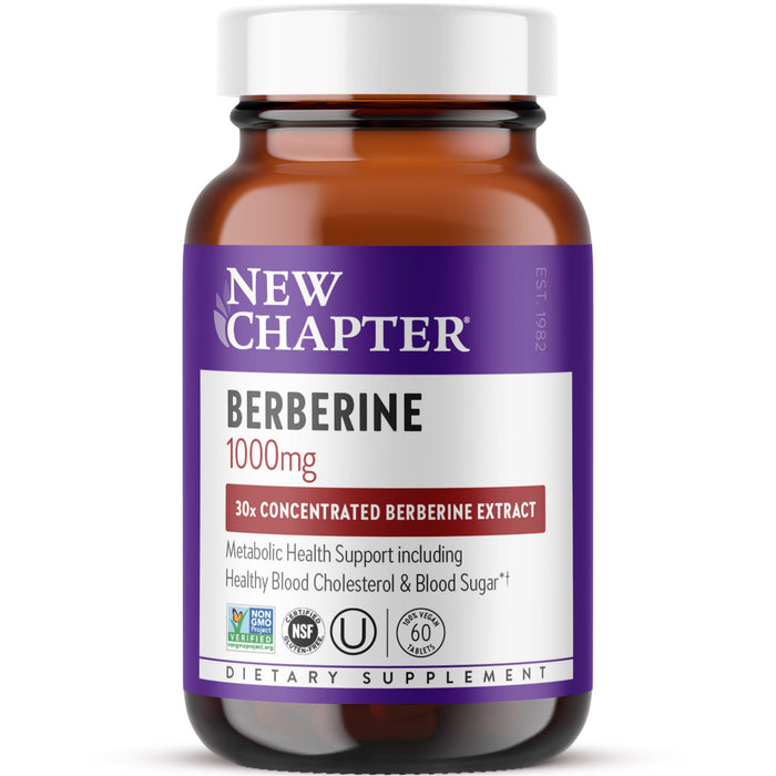 A brown bottle labeled New Chapter Berberine 1000mg, 30x Concentrated Berberine Extract with information about metabolic health support. The label is purple and white with various certification icons at the bottom.