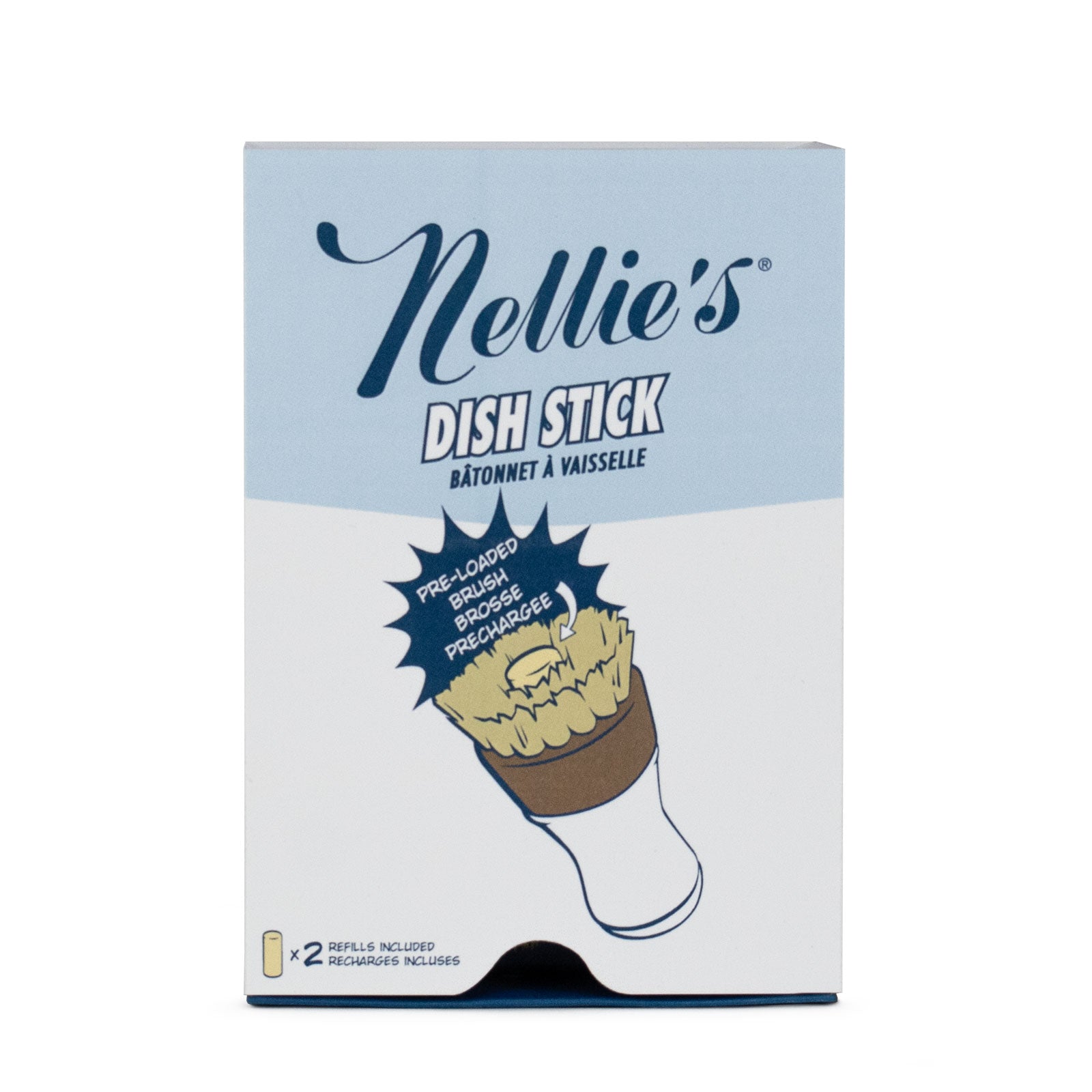 Nellies Dish Stick features an eco-friendly design with a handle-mounted brush. The predominantly white and blue packaging highlights pre-loaded brushes and comes with 2 refills included, all in English and French, promoting green cleaning for your kitchen.