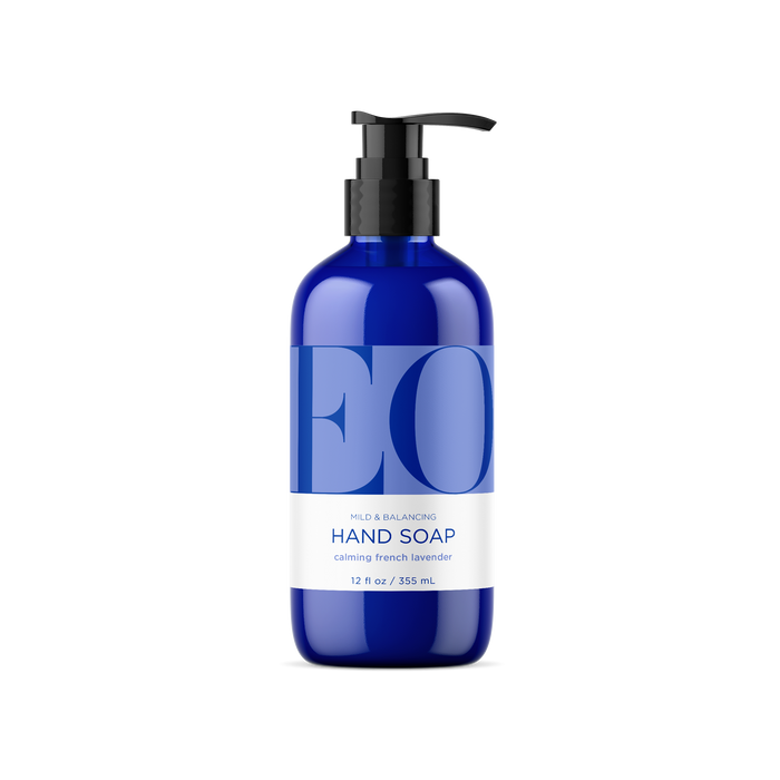 A blue bottle of EO Hand Soap with a black pump dispenser and a white label that reads Mild & Balancing Hand Soap, calming french lavender, 12 fl oz / 355 mL.