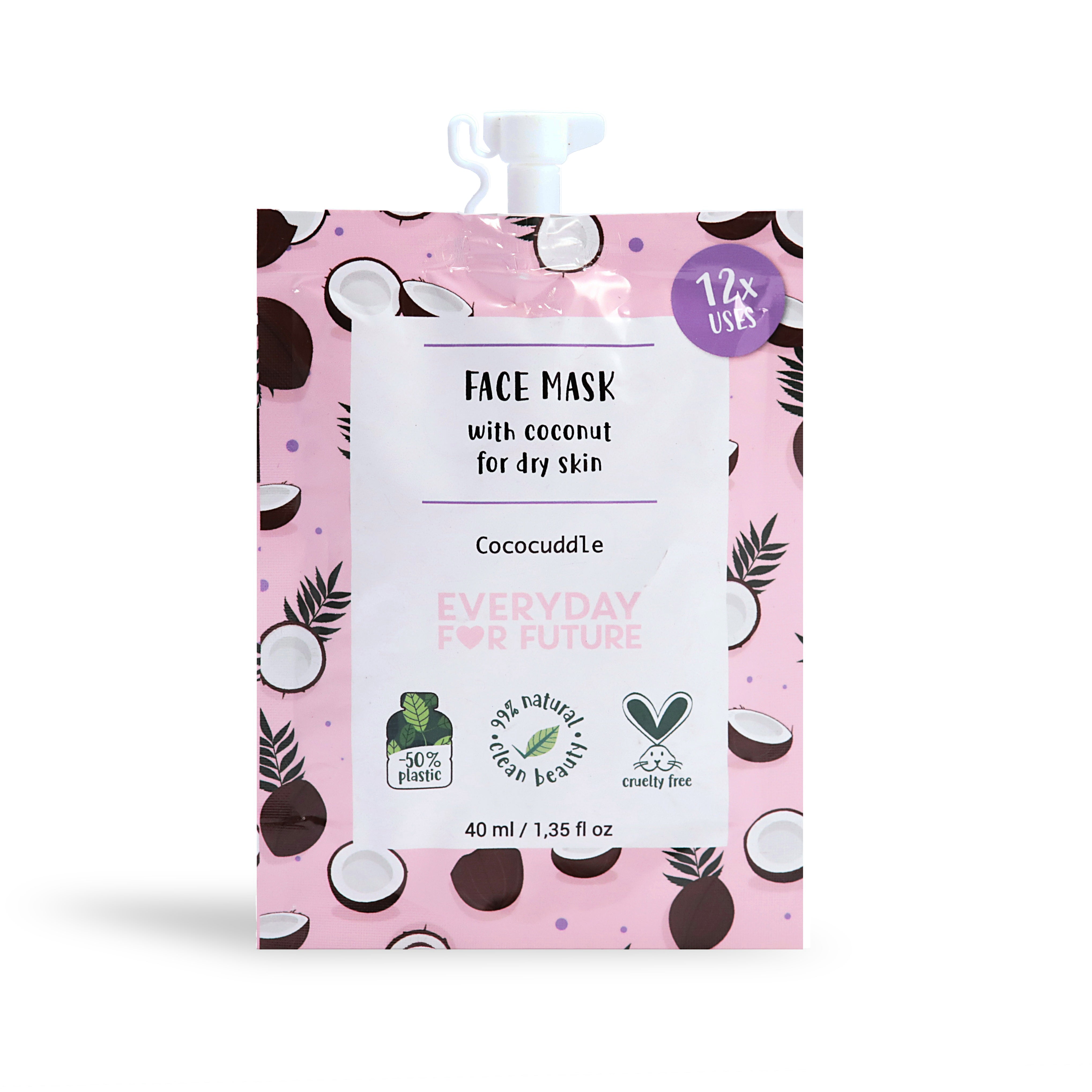 A pink pouch of Face Mask - Cococuddle features coconut illustrations and eco-friendly symbols. Offered by Everyday For Future, it highlights vegan and cruelty-free attributes, containing 40 ml or 1.35 fl oz of natural ingredients for dry skin.