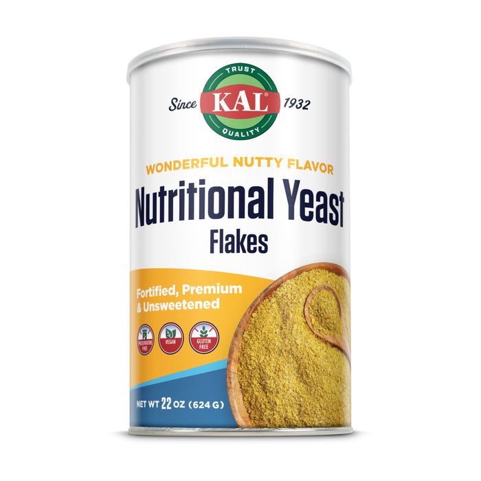 A 22 oz (624g) canister of KAL Nutritional Yeast Flakes with a yellow flake image, labeled Wonderful Nutty Flavor, Fortified, Premium & Unsweetened, vegan, dairy-free, and gluten-free.