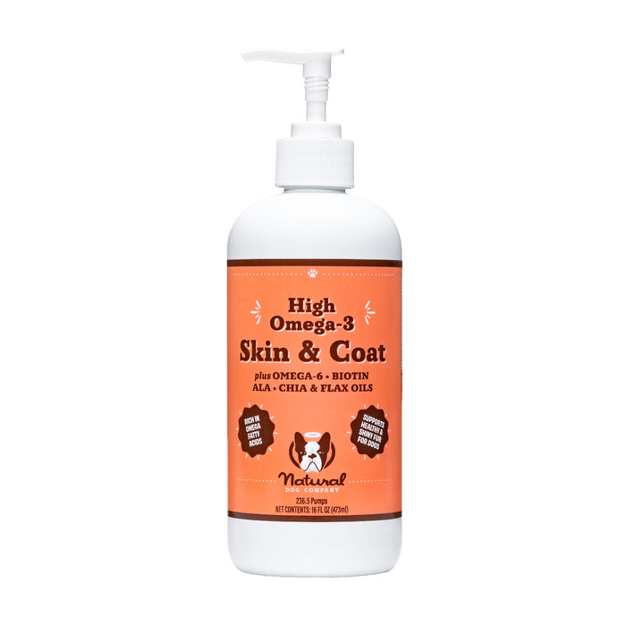 A white pump bottle labeled “High Omega-3 Skin & Coat” with an orange label, featuring information about omega-6, biotin, ALA, chia, and flax oils for pets. The label also shows a cartoon dog and a natural product claim.