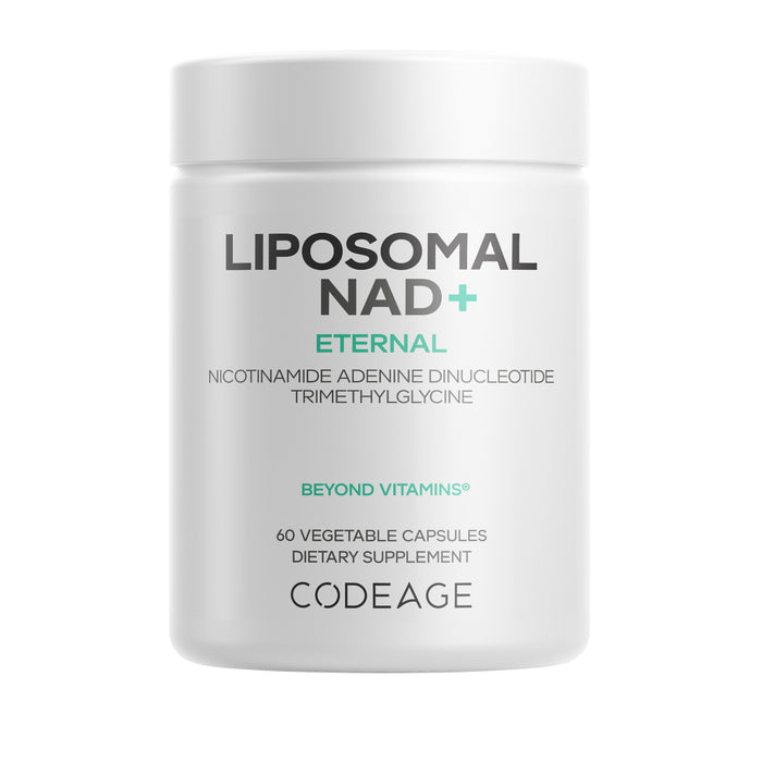 White bottle of Codeage Liposomal NAD+ Eternal dietary supplement with black and teal text, containing 60 vegetable capsules of nicotinamide adenine dinucleotide and trimethylglycine.