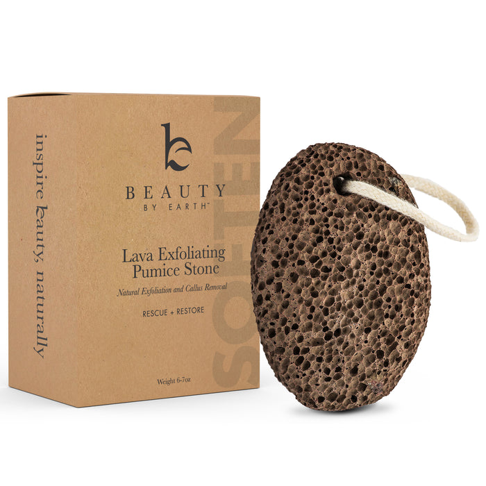 A brown pumice stone with a white string loop sits beside its box, labeled “Beauty by Earth Lava Exfoliating Pumice Stone” for natural exfoliation and callus removal.