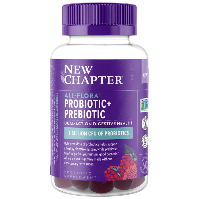 A bottle of New Chapter All-Flora Probiotic + Prebiotic gummies with a purple cap and label, featuring raspberries and stating 2 billion CFU of probiotics for dual-action digestive health; contains 60 gummies.