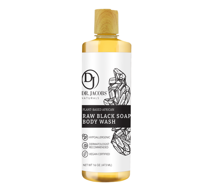 A bottle of Dr. Jacobs Naturals Raw Black Soap Body Wash with a white label, black text, crystal illustrations, and icons indicating it’s hypoallergenic, dermatologist recommended, and vegan certified.