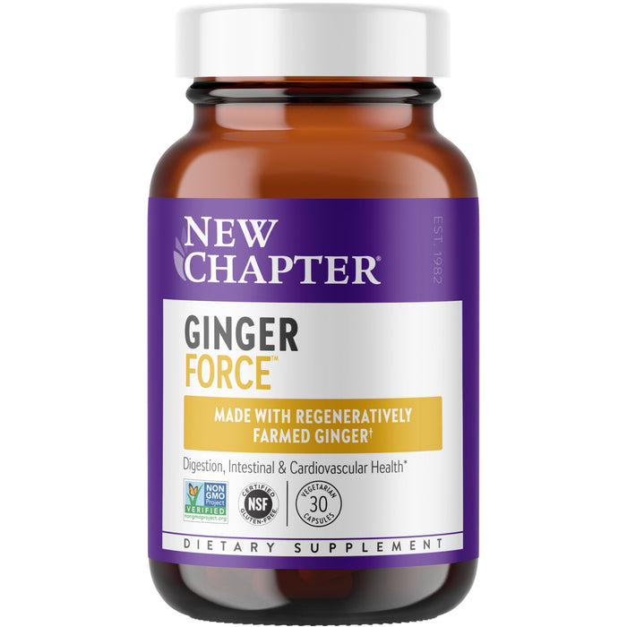 A brown bottle of New Chapter Ginger Force dietary supplement with a purple and white label, featuring certification logos and text about being made with regeneratively farmed ginger.