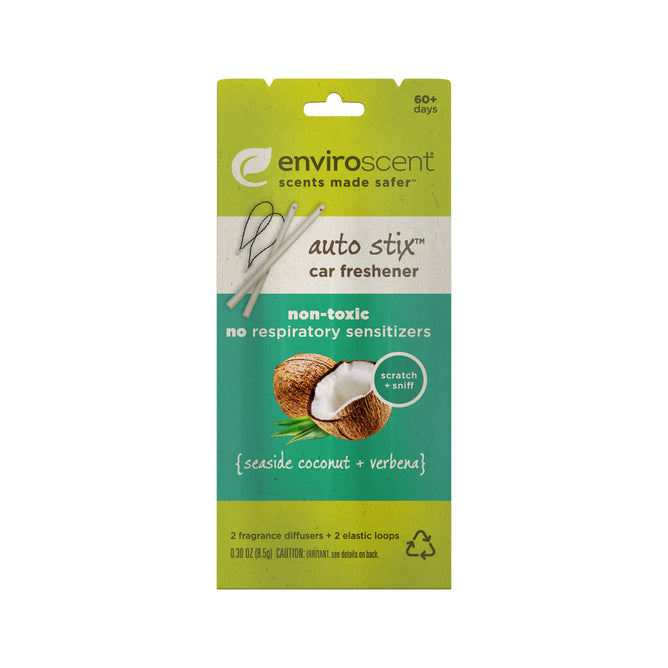 The Enviroscent Auto Air Freshener Stix packaging features seashells, coconut, and leaves, offering an eco-friendly, nontoxic seaside coconut and verbena scent with a scratch-and-sniff option that lasts over 60 days.