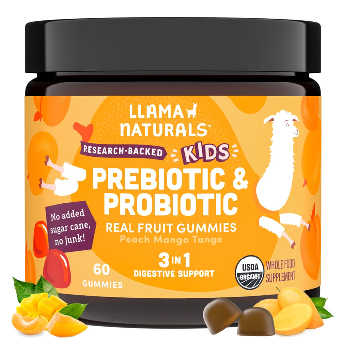 A jar of Llama Naturals Kids Prebiotic & Probiotic Real Fruit Gummies in Peach Mango Tango flavor. The label features llama graphics, fruit images, and highlights digestive support with 60 gummies per jar.