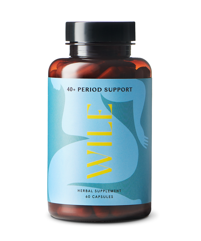 A bottle of Wile 40+ Period Support herbal supplement with 60 capsules. The label is blue with abstract art of a womans body and bold yellow text displaying the brand name WILE.