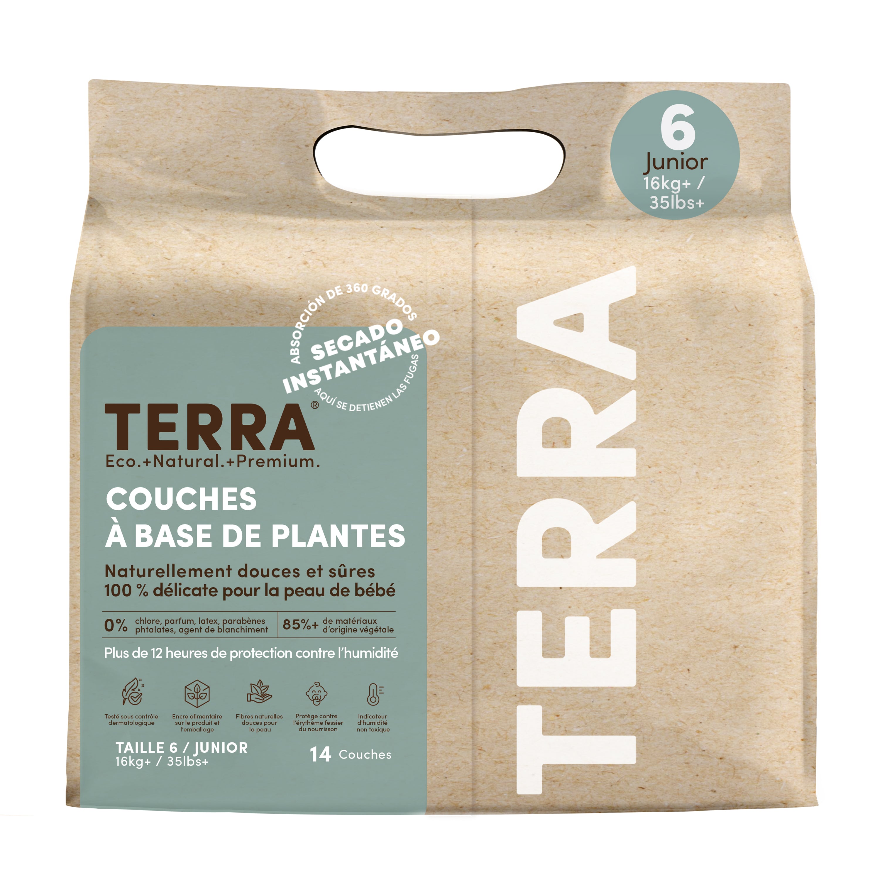 A pack of Terra plant-based diapers, size 6 for children 16kg+ (35lbs+), includes 14 eco-friendly diapers crafted from bamboo fiber. They ensure softness and safety with no latex or perfume, featuring instant absorption and full 360-degree protection against diaper rash.