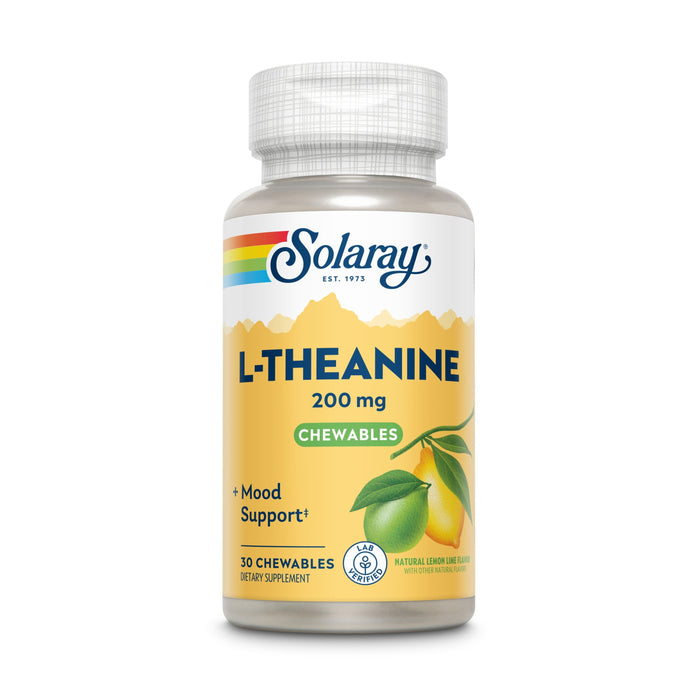 A bottle of Solaray L-Theanine 200 mg chewables for mood support, featuring a yellow label with a lemon illustration and containing 30 chewable tablets.