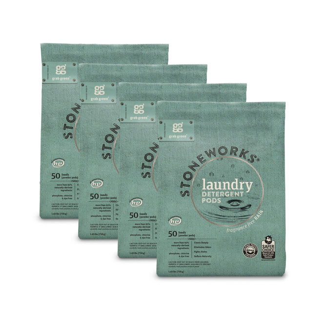Four teal packs of grab green Stoneworks Laundry Detergent Pods - Rain, each labeled for 50 pods, are fragrance free with odor neutralizing and stain-fighting power, plus eco-friendly and safe certification logos.