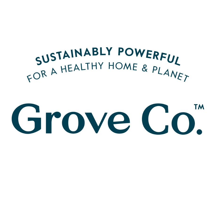 Circular logo with the text: “Sustainably Powerful for a Healthy Home & Planet” above the bolded brand name “Grove Co.” on a white background.