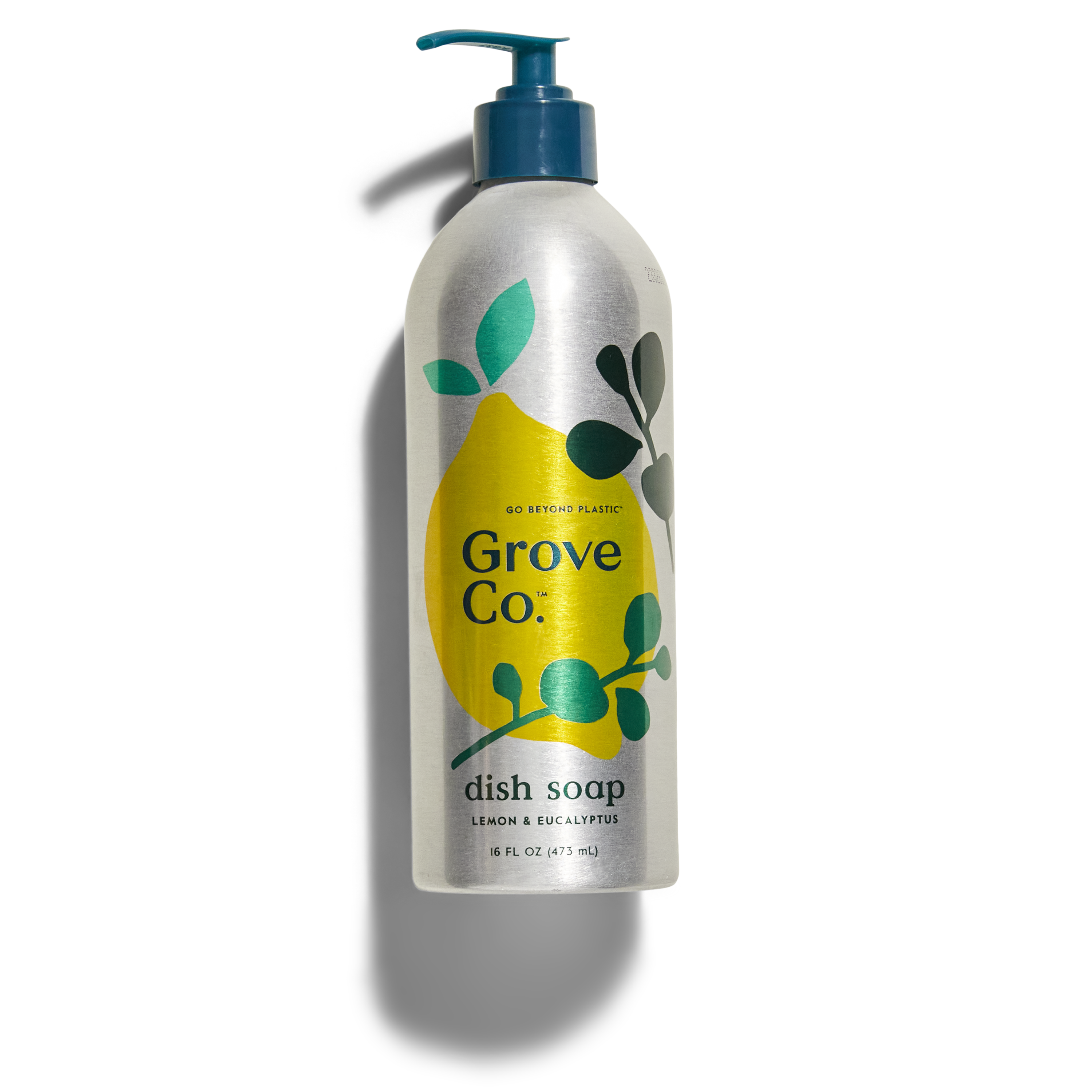 Grove Co. aluminum dish soap bottle with a pump. Soap is lemon & eucalyptus scented.