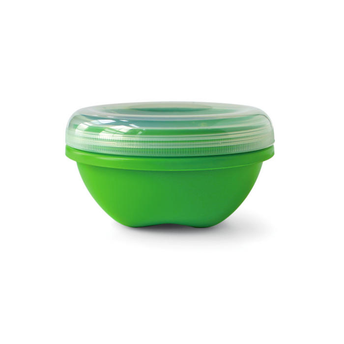 A small green plastic bowl with a clear, slightly domed lid, shown on a white background.