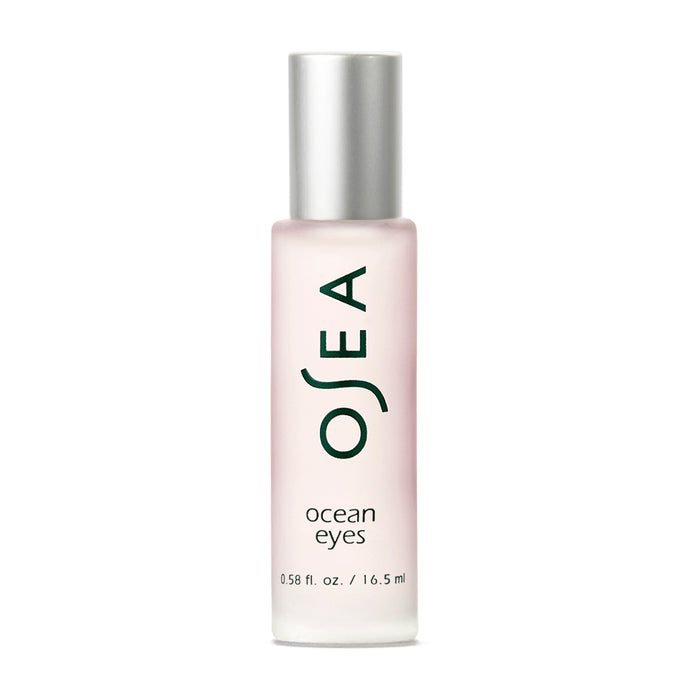 A frosted glass bottle labeled OSEA ocean eyes with a silver cap, containing 0.58 fl. oz. (16.5 ml) of product. The text is displayed vertically and horizontally on the front of the bottle.