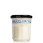 The Mrs. Meyer's Soy Glass Jar Candle features creamy white vegan wax in a clear glass jar with a black lid and a blue label adorned with line drawings of birds and leaves, adding charming style to any room.