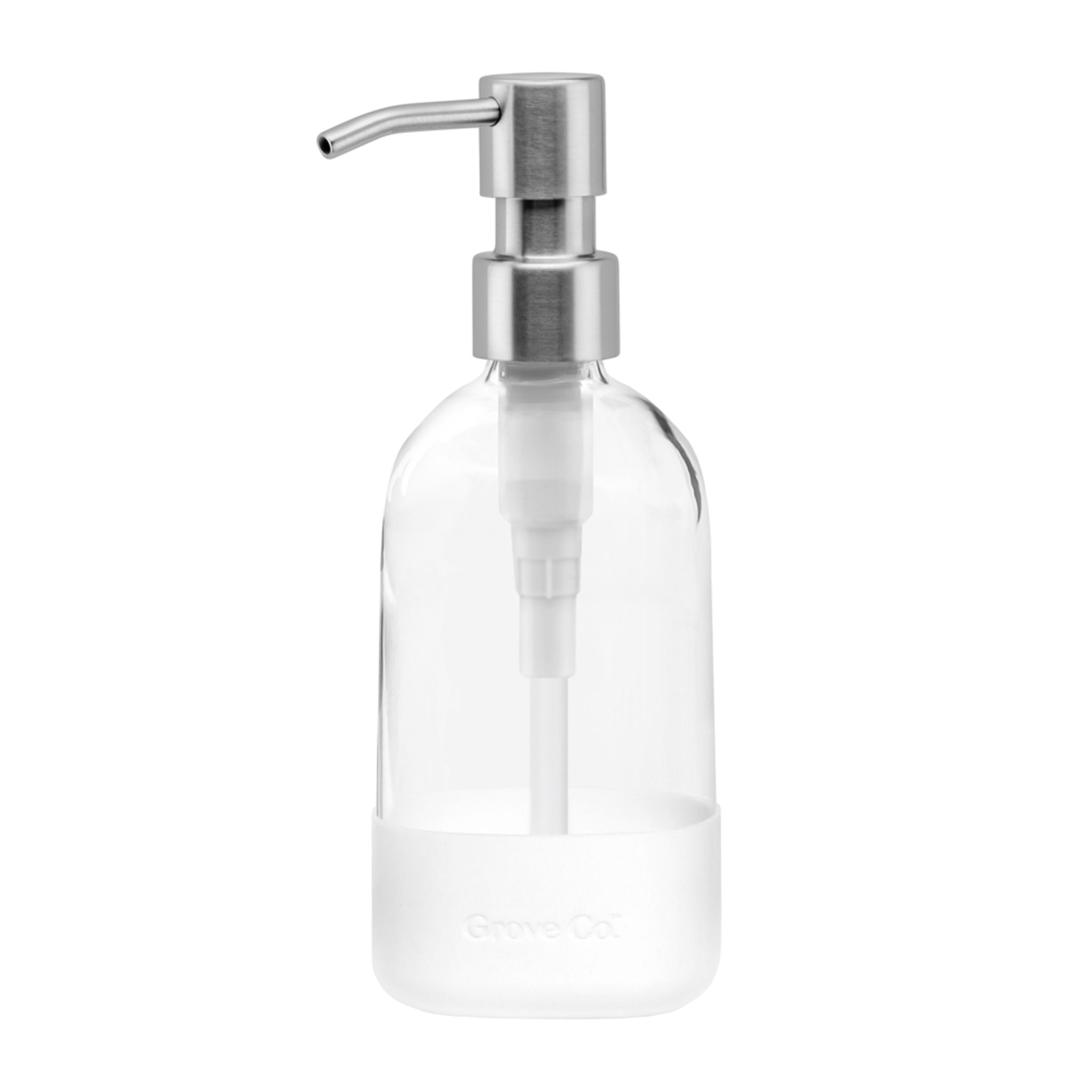 Against a white backdrop, the Grove Co. Refillable Gel Hand Soap Dispenser features a transparent glass body, stainless steel pump, and white silicone base. Designed sustainably with modern style, it offers an eco-friendly touch to any home by helping reduce plastic waste.