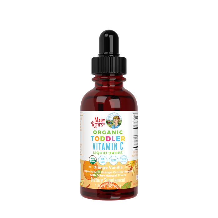 A brown glass bottle of MaryRuths Organic Toddler Vitamin C liquid drops with a black dropper cap. The label indicates an orange vanilla flavor and features images of orange slices and vanilla flowers.