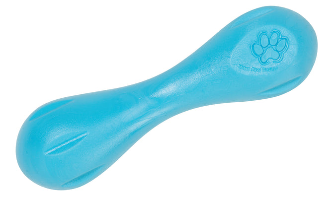 The Hurley® Super Chewers Dog Bone Toy by West Paw is a bone-shaped, blue dog toy made from textured, non-toxic plastic. It features an embossed glossy paw print, is dishwasher-safe, and ideal for playtime fetch or chewing. Made from zero-waste plastic, it also aids in reducing pet anxiety and boredom.