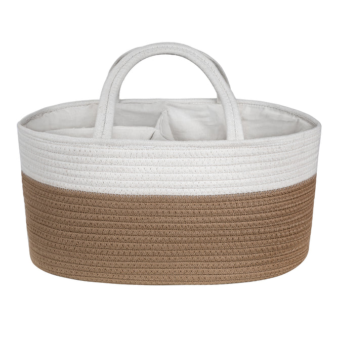 A two-toned woven basket with a white upper half and a brown lower half, featuring two sturdy handles and divided interior sections.