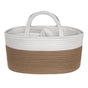 A two-toned woven basket with a white upper half and a brown lower half, featuring two sturdy handles and divided interior sections.