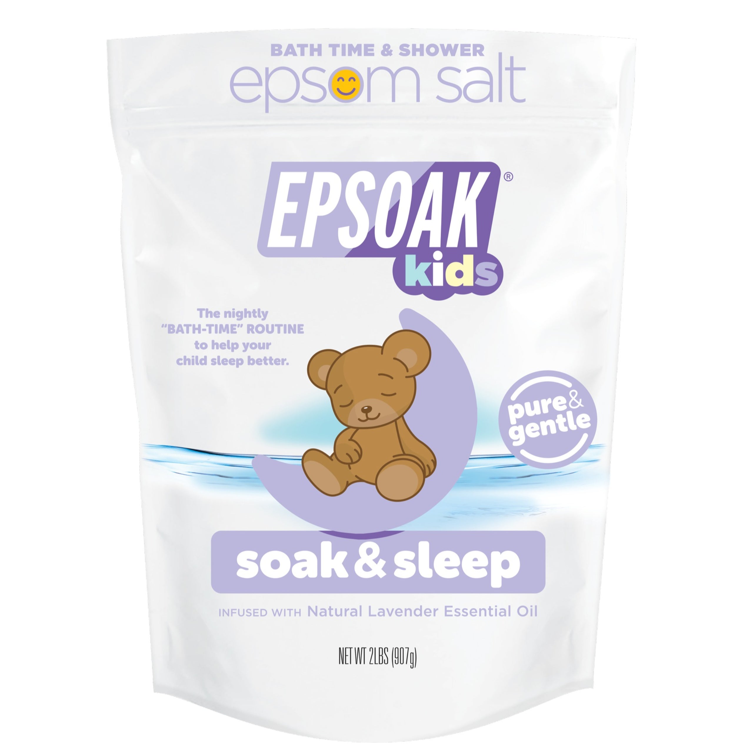 San Francisco Salt Cos Kids Soak & Sleep Epsom Salts, featuring a sleeping teddy bear on the 2 lbs package, is infused with natural lavender essential oil. This cruelty-free bath soak promotes a peaceful bedtime routine.