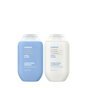 Two bottles of method Shampoo + Conditioner Set - Travel Size are displayed; shampoo in a light blue and conditioner in a white container. Both are made with cruelty-free ingredients, featuring coconut, rice milk, and shea butter for nourishment.