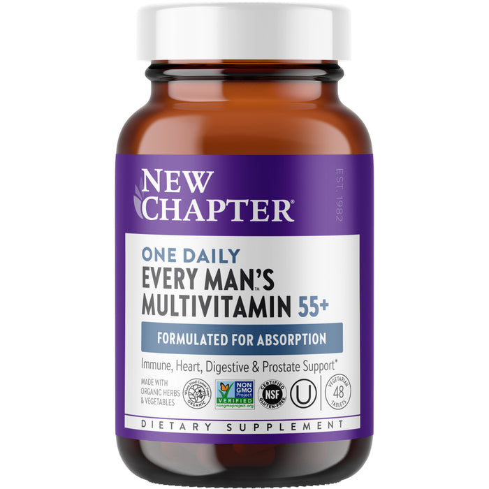 A bottle of New Chapter One Daily Every Mans Multivitamin 55+ with a purple label, highlighting it is formulated for absorption and supports immune, heart, digestive, and prostate health.