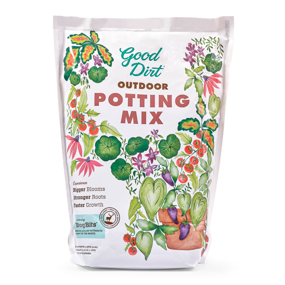 A white bag of Good Dirts Outdoor Potting Soil Mix features vibrant plant illustrations, promising bigger blooms, stronger roots, and faster growth with organic-based plant food and probiotics. The packaging includes BogBits next to a potting soil image.